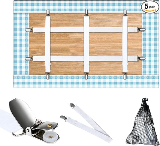 Table Cloth Holder Clips Hidden Straps 5 Pack, Adjustable Elasticity Picnic Tablecloth Clips, Large Clamps for Thick Tables Bench Cover Indoor Outdoor Party Restaurant Camping RV Essential (white)