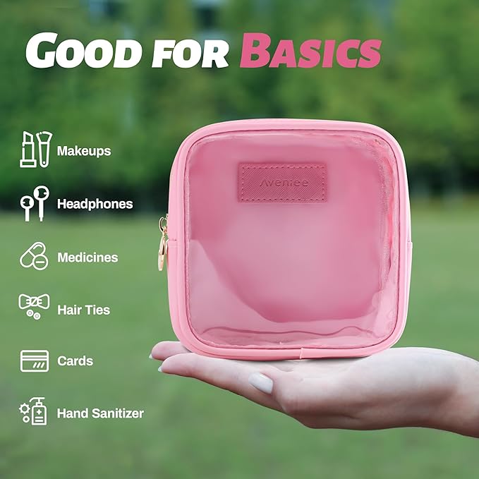 Aveniee Small Clear Makeup Bag, Mini Makeup Bag for Purse Organizer, Cosmetic Bag Travel Zipper Pouch for Women, Cute Car Accessories for Skincare Lipstick Essentials-Pink