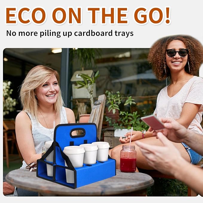 Drink Caddy, Portable 6-Cup Drink Carrier with Handle - Reusable & Foldable Cup Holder for Coffee, Wine, Cocktails | Secures Hot & Cold Beverages for Delivery, Takeout, Catering & Parties (Blue)