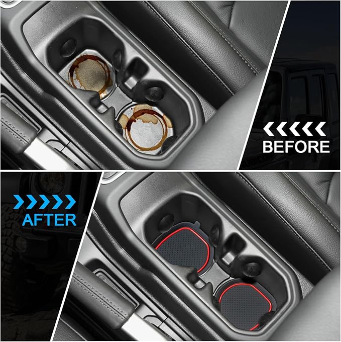 Cup Holder Coaster for Wrangler JL JLU 2018-2025 2026 Wrangler Accessories Gladiator JT 2020-2026 Silicone Cup Inserts Interior Mats Pad (Red Trim, 4-pcs Set, for Deep Rear Cup Holders)