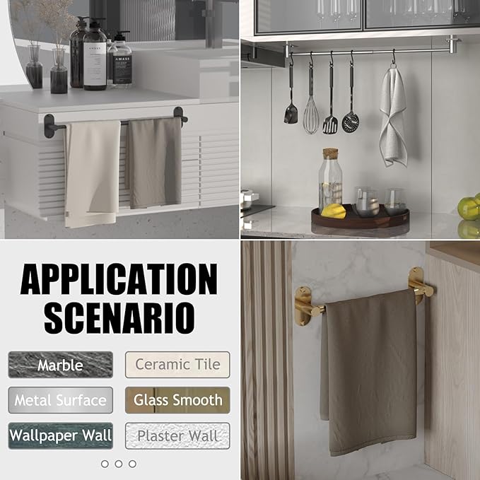 Towel Bar, Adjustable 14.4inch - 25.2inch Towel Rack, Self Adhesive & Wall Mounted for Bathroom Kitchen Hand Towel Holder Cloths Hanger SUS 304 Stainless Steel Single Bar (2, Brushed Nickel)