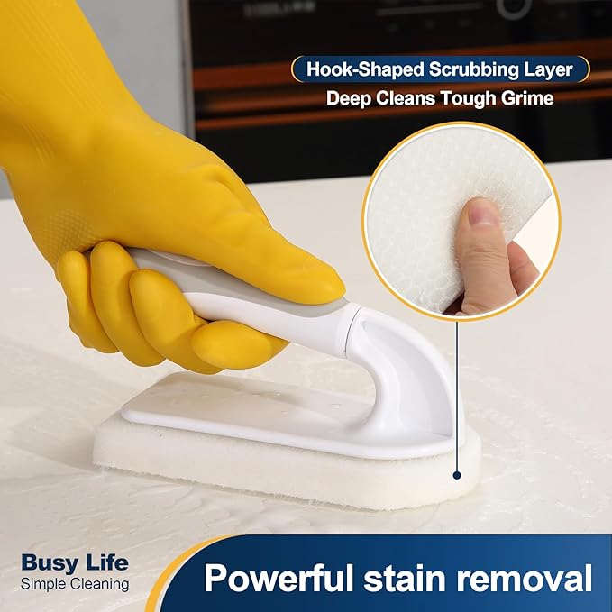 Yocada Handheld Cleaning Scrub Brush Set 2 Pack with Total 10 Hook-Shaped Scouring Pads Heavy Duty Cleaning Pads for Stubborn Stains Bathroom Kitchen Sink Tile Grout Clean