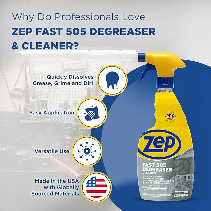 Zep Fast 505 Cleaner and Degreaser - 32 oz (Case of 2) ECZU505322 - Fast Acting, Removes Oil, Grease, and Dirt from Tools, Decks, Grills, Plastic, and Even Grease-Stained Laundry