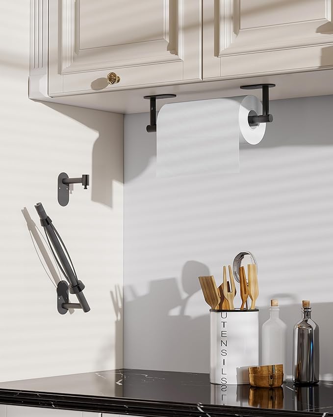BATHDANCE Paper Towel Holder Under Cabinet, Single Hand Operable Roll Holder with Damping Effect,No Drilling or Wall Mounted SUS304 Stainless Steel for Kitchen Bathroom (Matte Black)