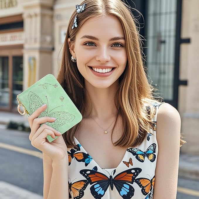 Women RFID Blocking Small Bifold Wallet, Compact Cash Clutch with Zipper Coin Pocket, Glittery Butterfly Design, Credit Card Holder, Travel Purse with Tassel PEPPERMINT-GREEN