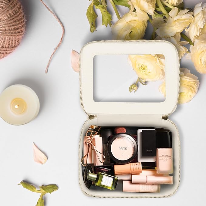 Prite Clear Makeup Bag Cosmetic Organizer Case Waterproof Travel Toiletry Bag Skincare Pouch with Golden Zipper (Beige)