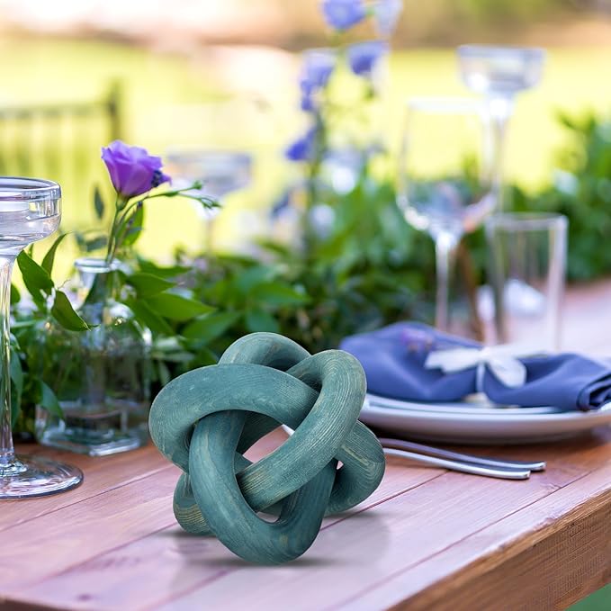 3 Link Wood Knot Decor - Hand Carved Coffee Table Decoration, Boho Chain Link Decor, Modern Shelf, Rustic Objects for Home Living Room Bedroom(Blue)