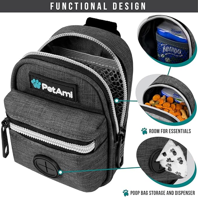 PetAmi Dog Poop Bag Holder for Leash, Dog Pet Waste Bag Dispenser For Poop With Clip, Doggy Puppy Walking Accessories Travel Camping, Dog Treat Pouch Supplies Must Have With Dog Bag Roll, Dark Gray
