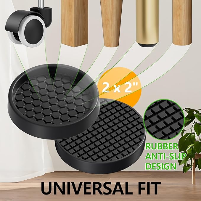 GAGUIUP Non Slip Furniture Pads - 2" Anti Skid Caster Cups, 4PCS Round Black Silicone Furniture Coasters for Hardwood Floors, Anti Slide Furniture Cup Bed Couch Floor Protectors