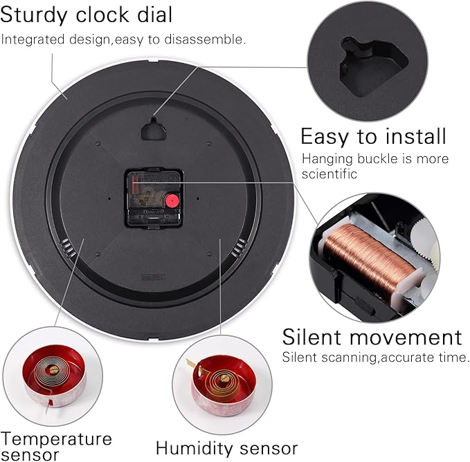Wall Clock, Sweep Silent Movement Accurate Clocks with Temperature & Humidity, Decorative for Kitchen/Living Room/Bedroom/Office/School/Classroom (White, 12 inch)