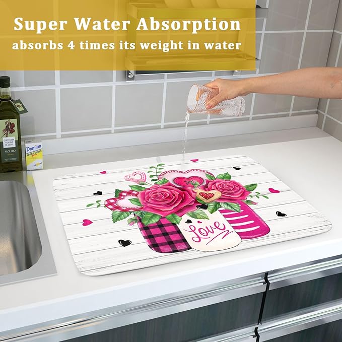 Valentine's Day Rose Flower Dish Drying Mat for Kitchen Counter,Mason Jar Pink Love Heart Drying Mat 18 x 24 Inch with High Absorbent Microfiber Drainer Mat for Coffee Bar