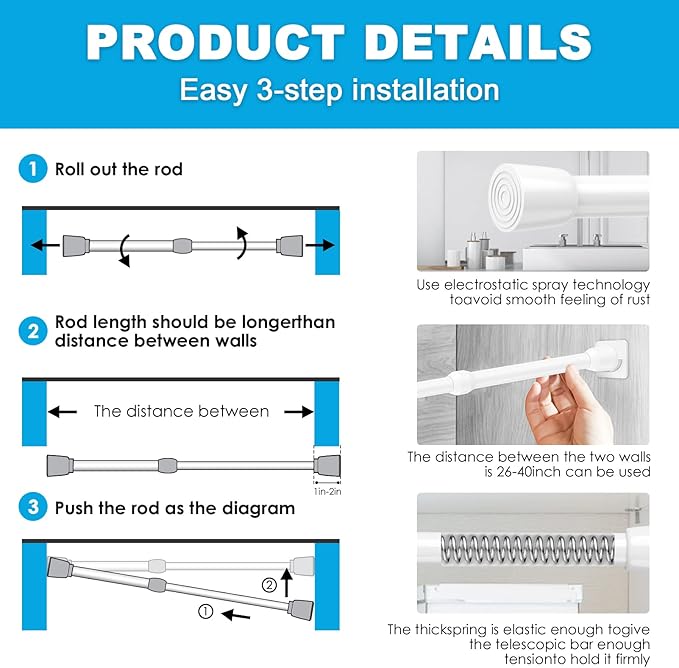 3Pcs Tension Curtain Rod, white Tension Rod 26-39 inch, Spring Tension Curtain Rod No Drilling, Spring Tension Window Rod Small Tension Rod for Kitchen, Bathroom, Window, Closet
