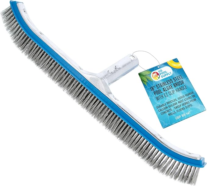U.S. Pool Supply Pool Brush Head for Inground Pools - 18" Stainless Steel Pool Brush, Metal Wire Bristles, Scrubbing Scrubber Brushes - Remove Calcium Build-Up on Tiles, Rust Stains on Concrete Walls