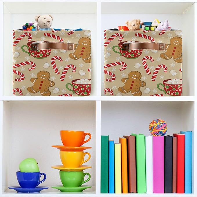 Christmas Gingerbread Man Storage Basket Fabric Kitchen Baskets Xmas Candy Cane Winter Snowflake Open Home Storage Bins Boxes Foldable Organizer Bag for Gift Book Shelf Closet Baskets 16×12×8 Inches