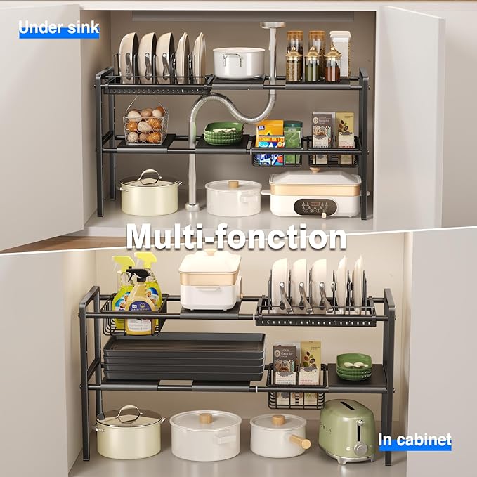 Pots and Pans Organizer Under Cabinet, Expandable 2-Tier Under Sink Organizers Storage Adjustable Height Kitchen Pot and Pan Lid Holder Rack with 6 Dividers (4 Panels, 2 Baskets, 1 Pot Rack, Black)