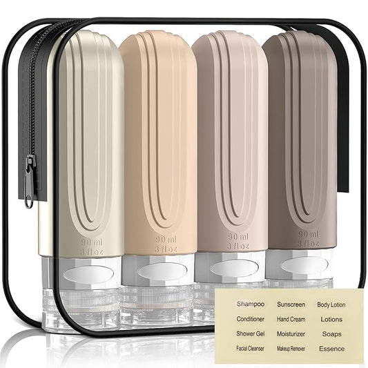 Travel Bottles for Toiletries, 3oz TSA Approved Travel Size Toiletries, Silicone Leak-Proof Refillable Containers, Squeezable Liquid Essentials Bottles W/Clear Bag (CREAM)