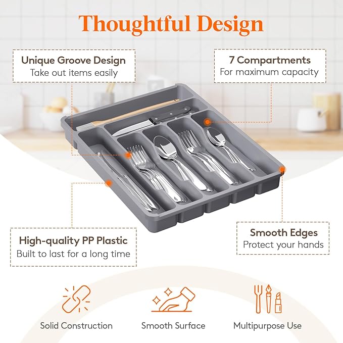Lifewit Silverware Organizer with Lid, Covered Utensil Tray for Kitchen Drawer and Countertop, Plastic Cutlery and Flatware Storage Box for Spoons Forks Knives Holder Case, 7 Compartments, Gray
