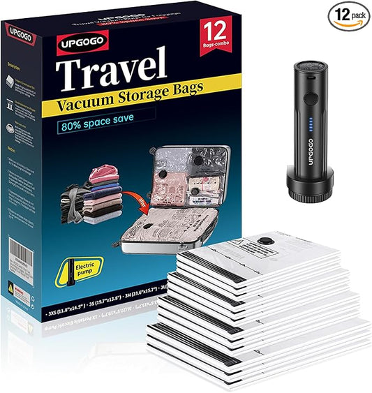 Combo 12 Pack Travel Vacuum Bags for Luggage with Portable Electric Pump,Vacuum Seal Bags for Clothing,Packing Cubes Compression,Cruise Ship and Travel Essentials