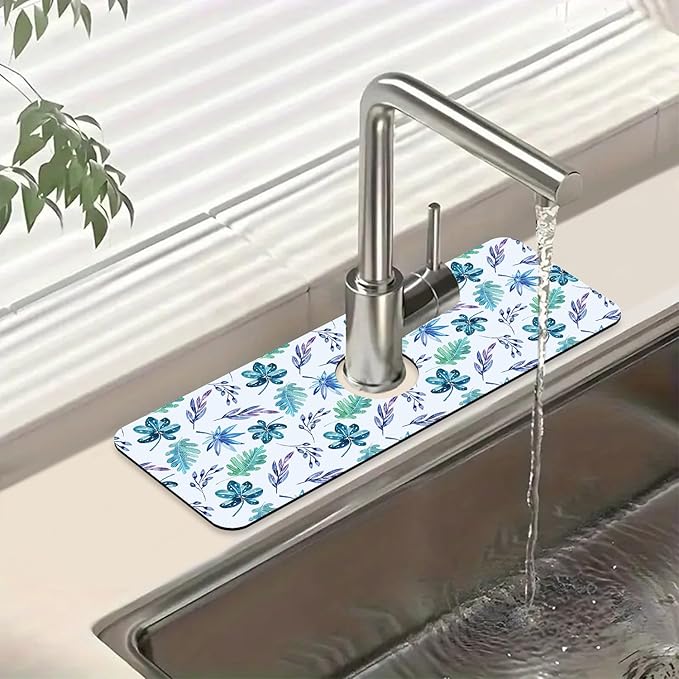 Watercolor Leaves Sink Splash Guard Faucet Mat Tropical Leaves Super Absorbent Fast Drying Mat Sink Gadgets-Splash Guard Behind Faucet Drip Catcher for Kitchen Bathroom, 15.5"x5.5"