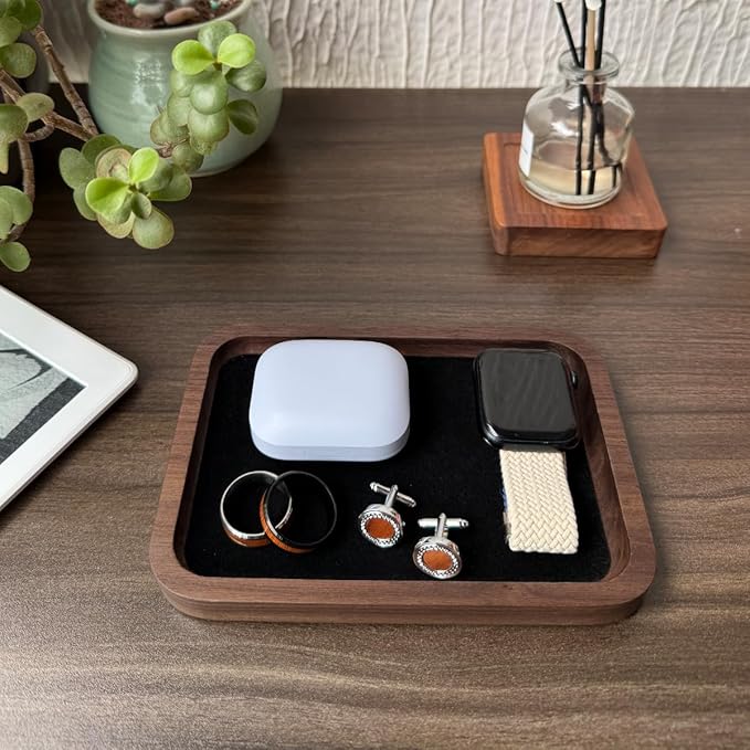 Walnut Solid Wood Square Jewelry Display Valet Tray Dish for Elegant Presentation of Your Finest Pieces, Perfect for Personal Use Men Gift 6.9"