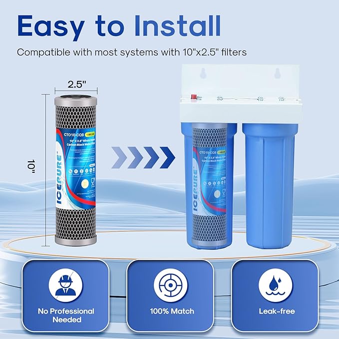 ICEPURE 1 Micron 10" x 2.5" Whole House Upgraded Coconut Shell Activated Water Filter Lead Remove Filter Cartridge Replacement for WFPFC8002, SCWH-5, WHCF-WHWC, FXWTC, CTO10-CQB, RO Unit, 2PACK