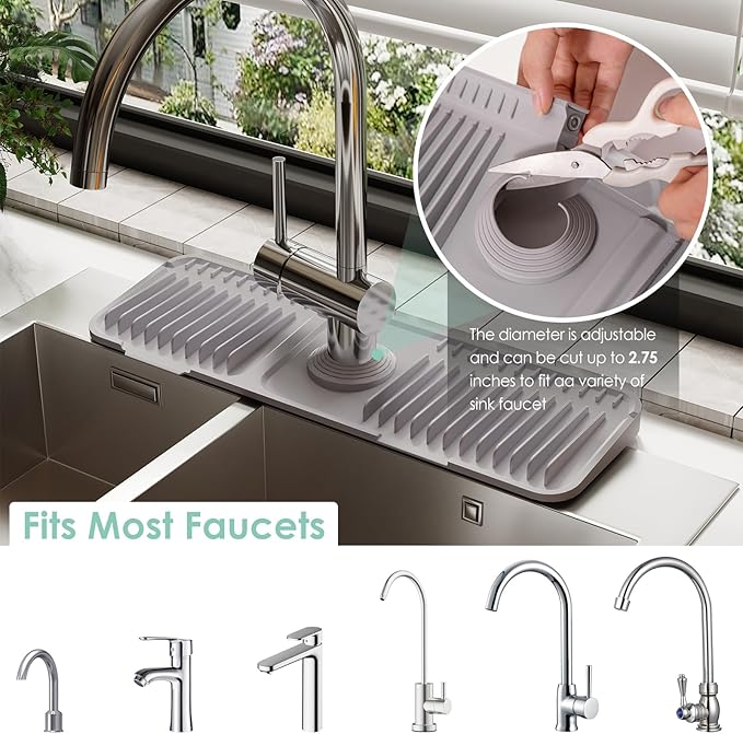 17.7 Inch Silicone Faucet Mat for Kitchen Sink Splash Guard - 7° Slope Water Draining Mat with Fasten Button for Bathroom Area (Gray, 17.7''x5.5'')