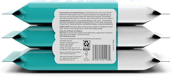 Amazon Basics Adult Wet Wipes Flushable formulated without Fragrance, 126 Count (3 Packs of 42) Packaging May Vary