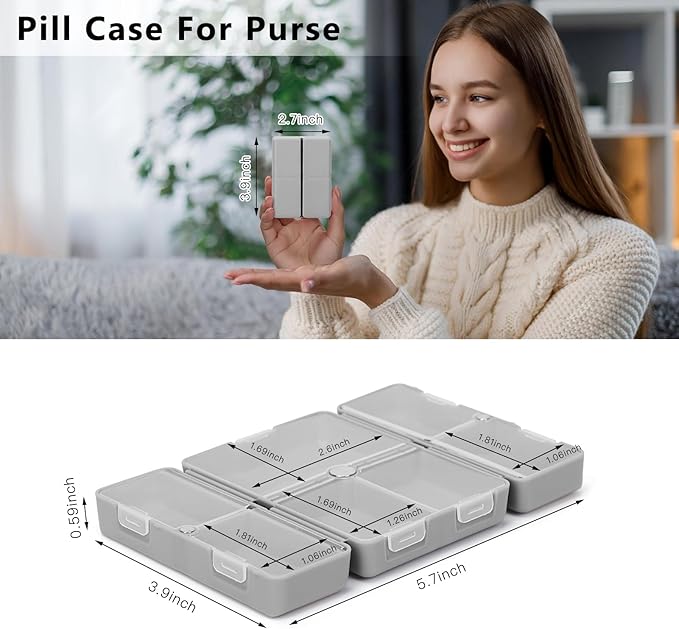 FYY Daily Pill Organizer, 7 Compartments Portable Pill Case Travel Pill Organizer,[Folding Design] Pill Box for Purse Pocket to Hold Vitamins,Cod Liver Oil,Supplements and Medication-Grey