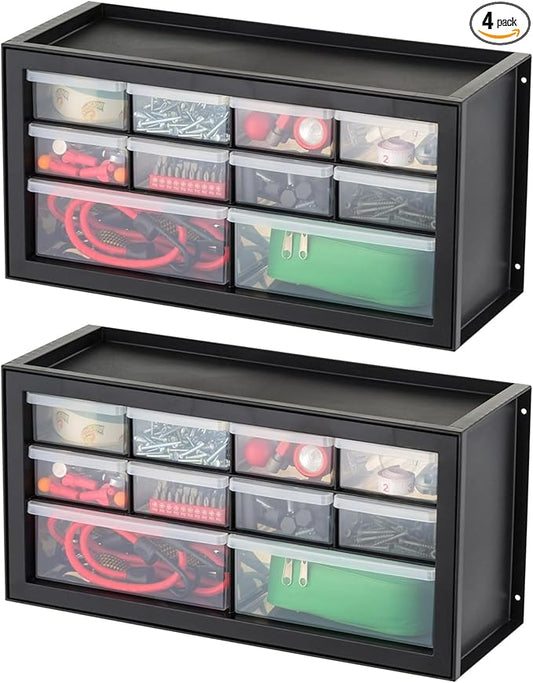 IRIS USA Small Plastic Storage Drawers, 10-Drawer - 4 Pack, Stackable Teacher Toolbox Craft Small Parts Bead Screw Hardware Building Bricks Organizer, Drink and Water Flavor Packet Organizer, Black