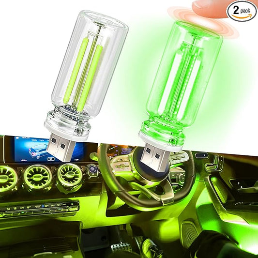 2PCS Car USB Night Lights, Touch Dimmable Vehicle Interior Ambient Lamp, Portable Retro Glass LED Light for Auto Decorations, Bedroom, Office, Travel, Camping, Gifts for Women and Men (Green)