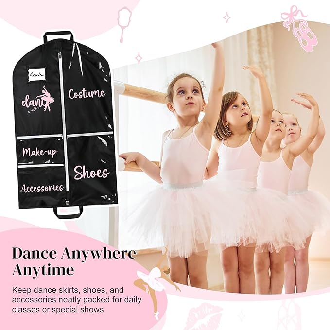 DEEKA Dance Garment Bag for Hanging Clothes with Zipper Pockets Dance Accessories Essentials Uniform Costume 40 Inch Dress Bags for Dance Competition Girls (Black,Pink-Dance)