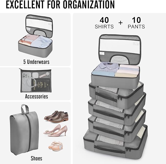 Veken 10 Set Packing Cubes for Travel Essential, Suitcase Organizer Bags in 4 Sizes, Carry-On Luggage Accessories with Large Laundry & Hanging Toiletry Bag, Must-Have for Airplane, Road Trip & Camping