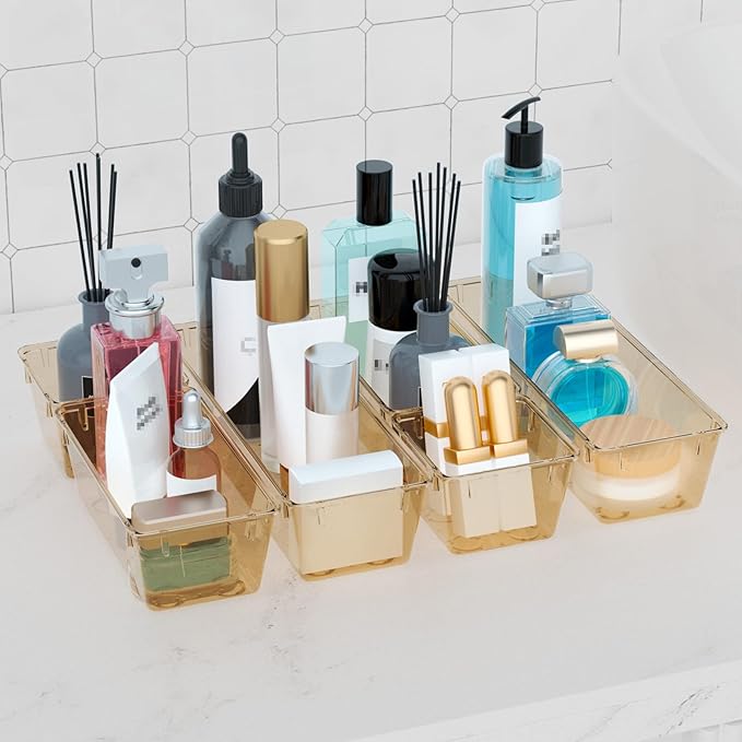 WOWBOX 9 Pack Clear Drawer Organizer Set, Acrylic Drawer Storage Trays, Storage Bins for Makeup, Cosmetics, Jewelries, Utensils, Gadgets, Office, Champagne