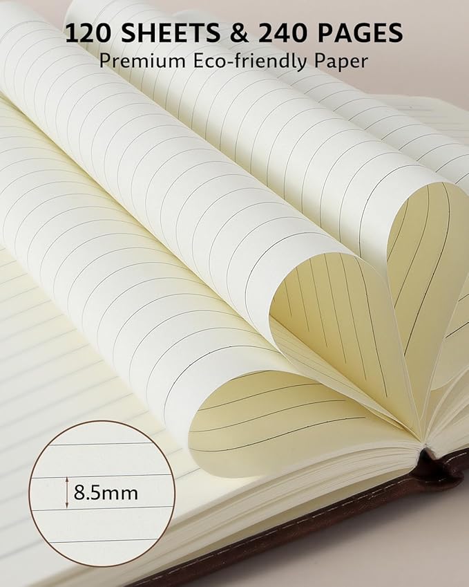 Leather Notebook Journal with Pen, A5 Lined Hardcover Notebook with Magnetic Closure, 240 Pages Daily Journal for Men Women, Ruled Journal Notebooks for Work, Writing, Note Taking - Brown