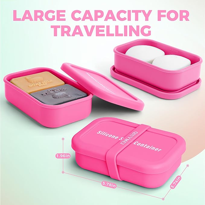 Silicone Soap Holder, Enhanced Leak-Proof Travel Soap Container with Draining Layer, Portable Bar Soap Holder, Soap Case with Soap Bag, Soap Dishes for Bathroom/Camping/Gym (Pink)