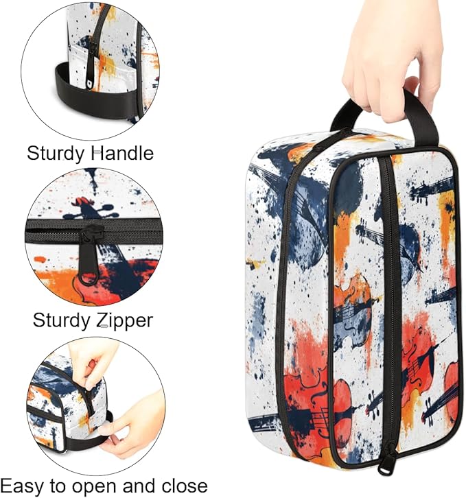 Violin Splash Art Travel Toiletry Bag for Women, Waterproof Cosmetic Makeup Bag with PU Handle & Zipper, 2 Compartment Portable Shaving Bag for Bathroom, Gym, Business Trips