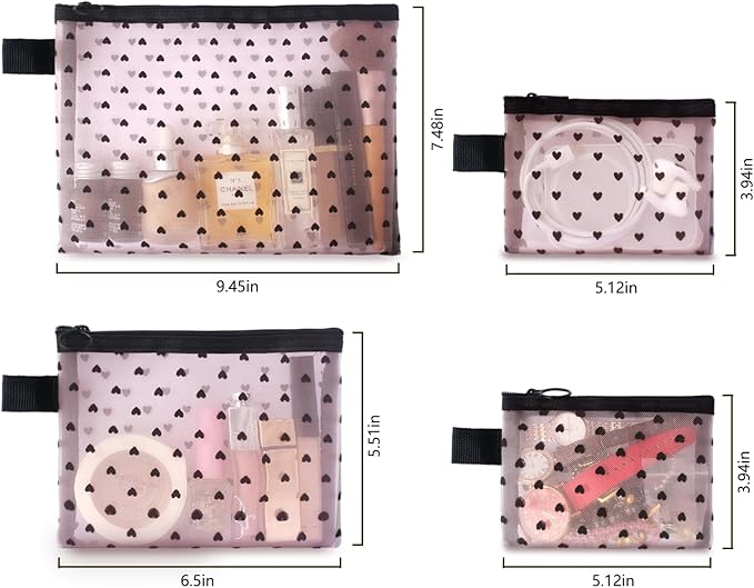 4-Piece Heart Printed Mesh Makeup Bag Set, Portable Travel Mesh Cosmetic Bags Toiletry Bags Makeup Purse Bags, Zipper Storage Pouches for Home Offices Travel Accessories (Pink)