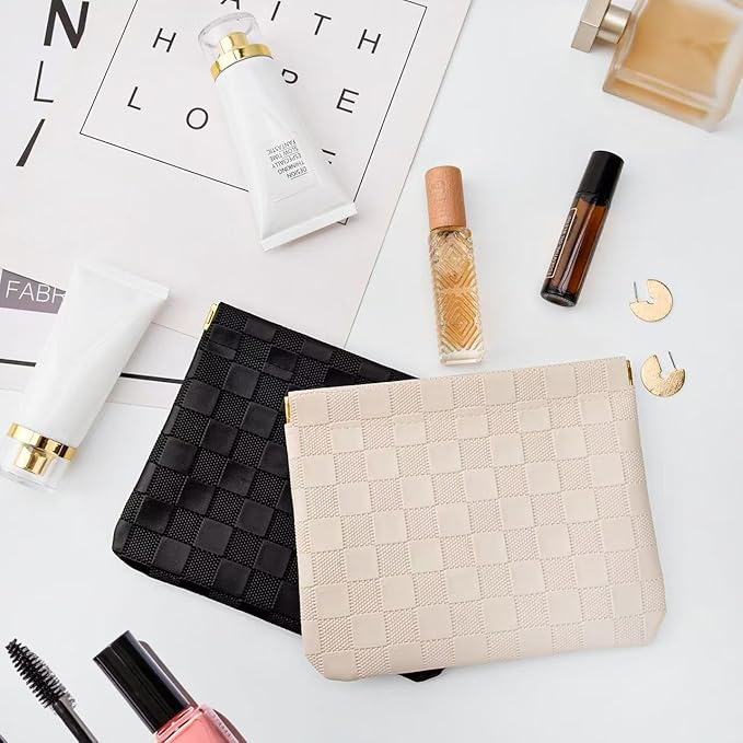 2-Pack Small Waterproof Checkered Makeup Bag - Portable Leather Travel Toiletry Bag Organizer with Snap Closure, Aesthetic Travel Storage Pouches for Women's cosmetic bag for purse