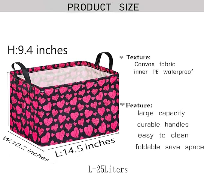 KUNRO Rectang Heart Pattern Vantine's Storage Basket Gift Shelf Basket Storage Bin, Nursery Basket Organizer Box for With Handles for Room Deco