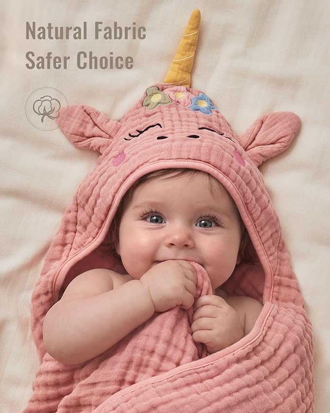 Blissful Diary Muslin Baby Hooded Towel 2 Pack, Soft & Absorbent Bath Towel for Infant, Toddler, Unisex, Baby Gift, Newborn Essentials, Sunny Duck & Dreamy Unicorn