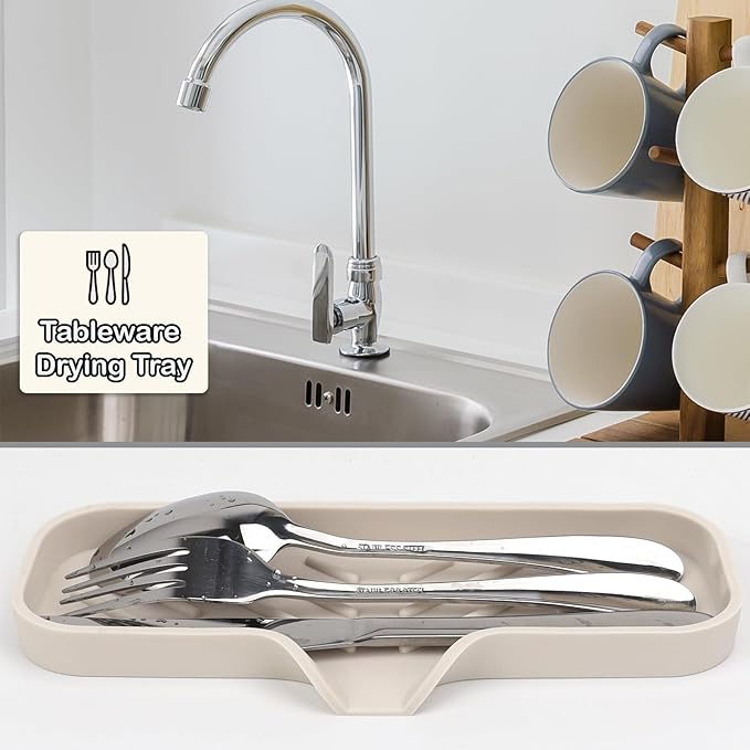 YASMEN Silicone Bathroom Soap Dishes, Sink Sponge Holder for Kitchen, Rubber Soap Dish with Drain, Shower Soap Sponge Tray, Sink or Counter Organizer, for Bar Soap, Bottle, Dish Soap Dispenser-Tapioca