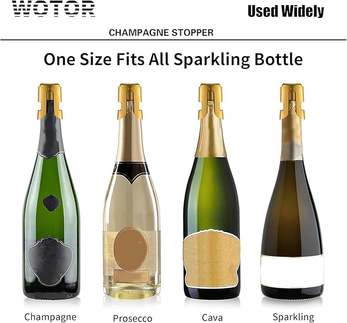 WOTOR Champagne Stoppers Stainless Steel, Prosecco Bottle Stopper with Food Grade Silicone, Reusable Champagne Cork & Saver, Leak proof Keep Fresh (Gold, 2 Pack)