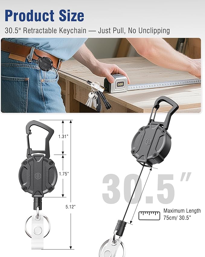 2Pack Heavy Duty Ret retractable Keychain, Unbreakable Embedded Body with 30.5" Dyneema Cord, Tactical ID Badge Holder Reel Carabiner Clip with Secure Magnetic Closure for Men, Holds 25oz