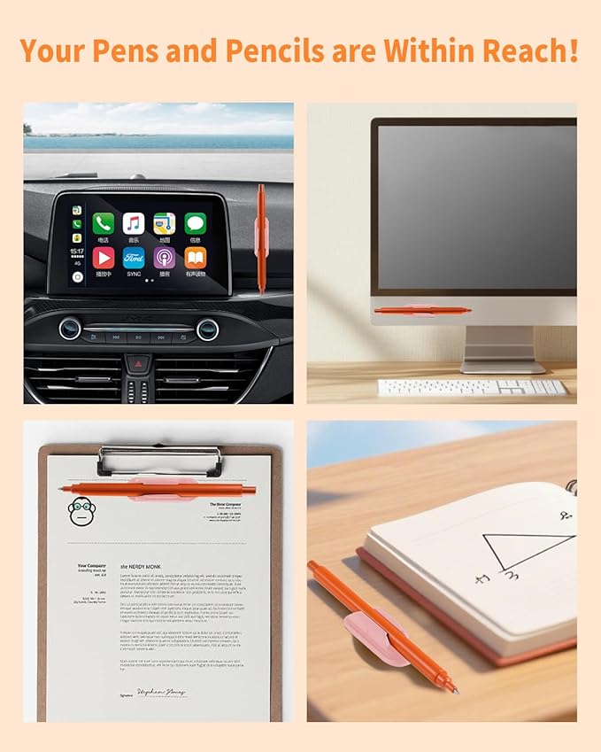 Adhesive Pencil Holders for Desk Set of 10 - Silicone Pen Holder with 15 PCS Adhesive Pads - Flexible Pencil Holder for Office Essentials Accessories and Teacher Supplies, Pink