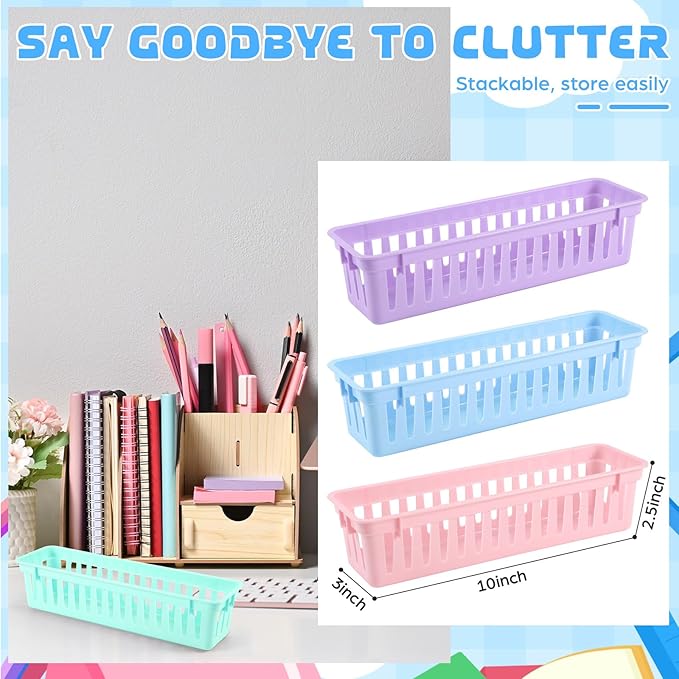 12 Pcs Morandi Slim Plastic Storage Baskets Tray 10 x 3 x 2.5 Inch Compact Stackable Desk Organizer for Office, Classroom, School Supplies, and Home Storage, Organization(Morandi)