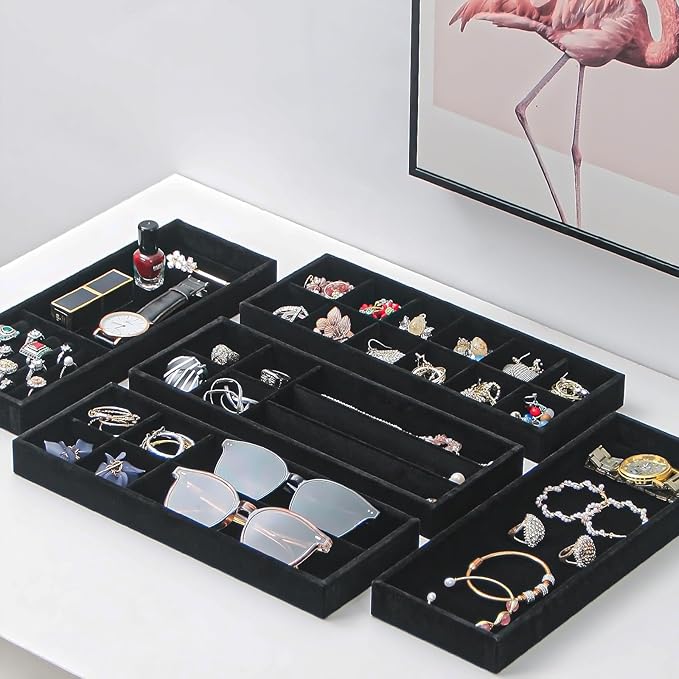 2Pcs Desk Drawer Storage Tray, Nightstand Organizer Tray, Necklace Bracelet Ring Earring Jewelry Display Tray, Grid Table Organizer Holder Tray for Sunglass, Phone, Watch, Perfume (7 grid)/Black