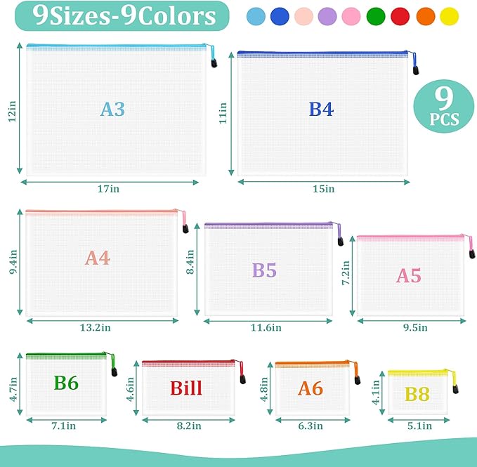 9pcs Mesh Zipper Pouch Bags, 9 Sizes, 9 Colors, Board Game Storage, Travel, School, Office Organize