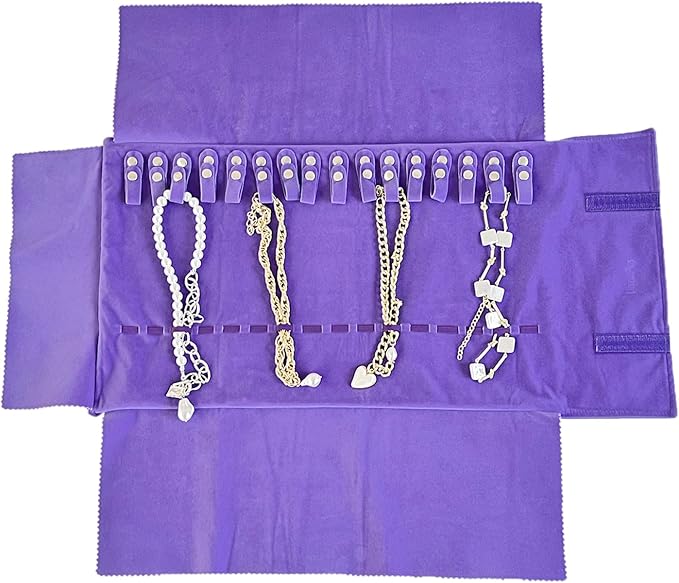 UnionPlus Velvet Travel Jewelry Roll Bag Organizer for Necklace, Elastic Band and Anti-winding, Purple