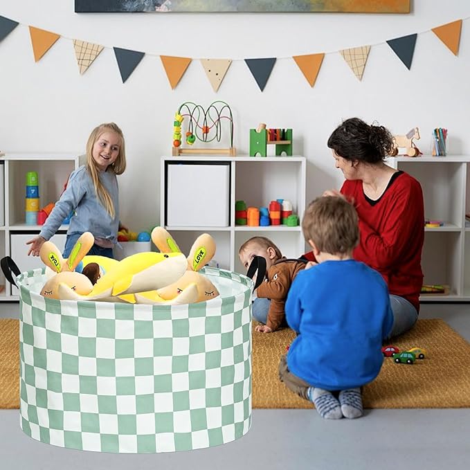 Checkered Storage Basket Extra Large 80L Kids Hamper Baby Laundry Basket Waterproof Toys Car Organizer Collapsible Canvas for Home/Dorm/Pet/Office/Closet/Shelf/Gift Baskets