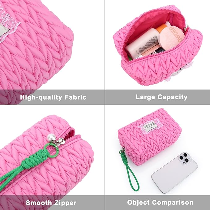 DOB SECHS Small Puffer Makeup Bag Quilted Cosmetic Bag Clutch with Wristlet, Cute Makeup Pouch for Purse, Cotton Woven Puffy Toiletry Bag for Women, Mini Travel Essentials Organized Pouches, Hot Pink